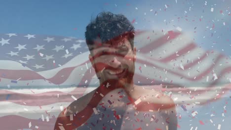 Animation-Einer-Wellenförmigen-US-Flagge-über-Glücklichen-Kaukasischen-Männern