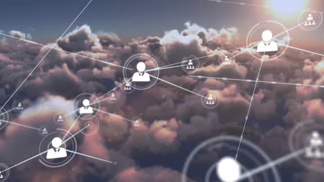 Animation-of-network-of-profile-icons-against-clouds-and-sun-in-the-sky