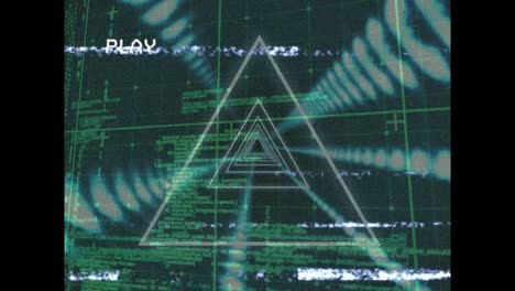Animation-of-vhs-glitch-effect-over-triangular-tunnel-in-seamless-pattern-against-green-background