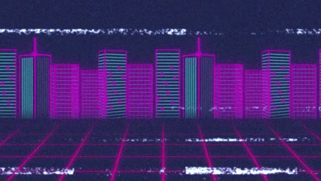 Animation-Des-Statischen-Effekts-über-Einem-3D-Stadtmodell-Vor-Violettem-Hintergrund-Mit-Kopierraum