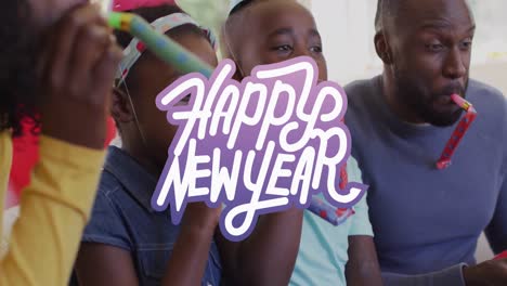 Animation-of-happy-new-year-text-over-african-american-family-celebrating-with-blowers-and-hats