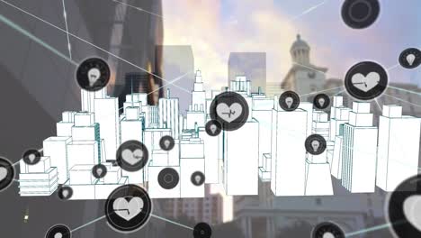 Animation-Eines-Netzwerks-Digitaler-Symbole-über-Einem-Sich-Drehenden-3D-Stadtmodell-Vor-Hohen-Gebäuden