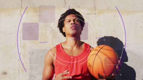 Animation-Des-Zielfernrohrscans-über-Einem-Afroamerikanischen-Mann-Mit-Basketball