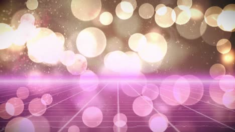 Animation-of-glowing-golden-spots-of-light-over-pink-grid-network-against-black-background