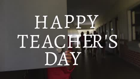 Animation-of-happy-teachers-day-text-over-diverse-schoolchildren-in-school