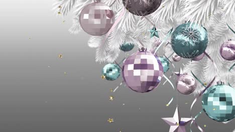 Animation-of-stars-over-fir-tree-with-christmas-baubles-on-grey-background