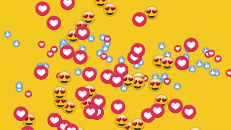 Animation-of-emoticons-and-social-media-reactions-moving-over-yellow-background