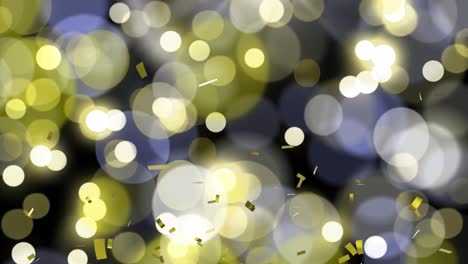 Animation-of-gold-confetti-falling-over-defocussed-white-and-yellow-christmas-lights