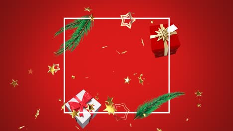 Animation-of-gold-stars-over-white-frame-with-christmas-tree-sprigs-and-gifts-on-red-background