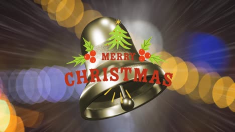 Animation-of-merry-christmas-text-over-ringing-bell-and-defocussed-blue-and-orange-string-lights