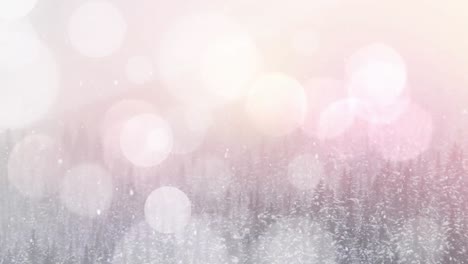 Animation-of-defocussed-white-light-spots-and-christmas-snow-falling-over-winter-landscape