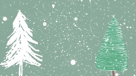 Animation-of-snow-falling-in-green-sky-over-a-white-and-a-green-christmas-tree