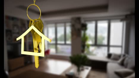 Animation-of-key-with-house-keychain-over-house-interior