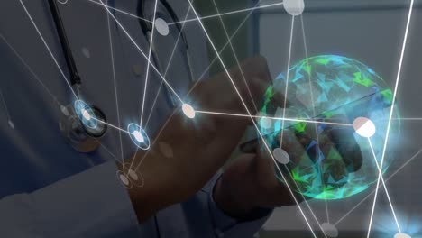 Animation-of-network-of-connections-with-spots-and-globe-over-caucasian-male-doctor-with-smartphone