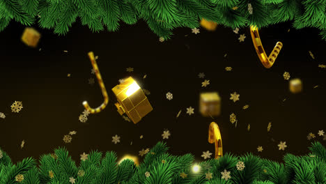 Animation-of-christmas-candy-canes,-gold-stars-and-snow-with-fir-tree-branches-on-black-background