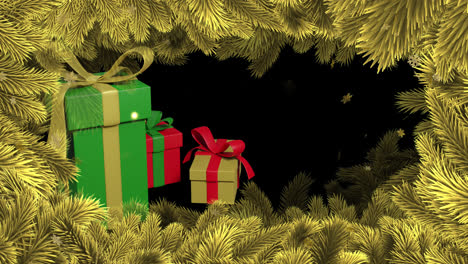 Animation-Von-Weihnachtsgeschenken,-Tannenbaumschmuck-Und-Schnee,-Der-Auf-Roten-Hintergrund-Fällt