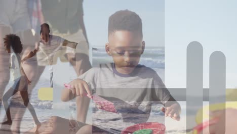 Animation-of-shapes-over-african-american-family-at-beach