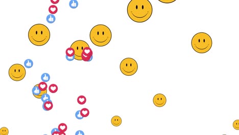 Animation-of-social-media-reactions-and-emoticons-over-white-background