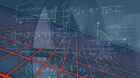 Animation-of-digital-space,-turbine-and-math-formulas-on-blue-background