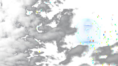 Animation-Von-Bunten-Partikeln-Und-Wolken,-Die-Sich-Vor-Weißem-Hintergrund-Bewegen