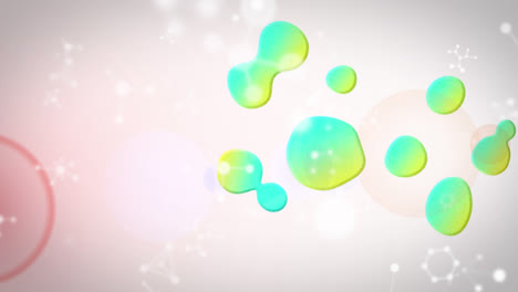 Animación-De-Gotas-Líquidas-Azules-Y-Amarillas-Con-Moléculas-Moviéndose-Sobre-Un-Destello-De-Lente-Iluminado