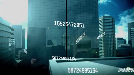 Animation-of-multiple-countdowns,-alphabets-and-passwords-over-buildings-against-cloudy-sky