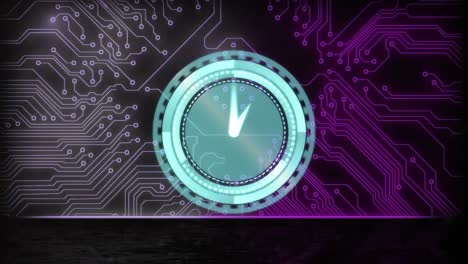 Animation-of-moving-clock-over-computer-circuit-board-and-red-shapes-on-black-background