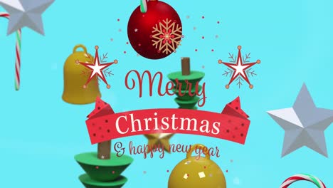 Animation-of-christmas-greetings-text-over-christmas-decorations-on-blue-background