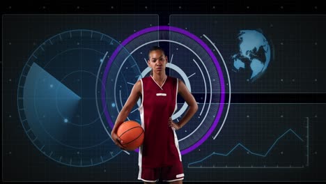 Animation-of-scope-scanning-and-data-processing-over-biracial-female-basketball-player