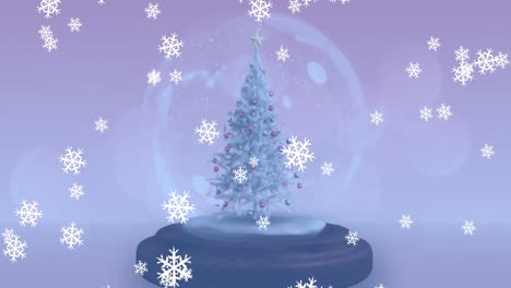 Animation-of-snowflake-icons-falling-and-shooting-star-spinning-over-christmas-trees-in-a-snow-globe