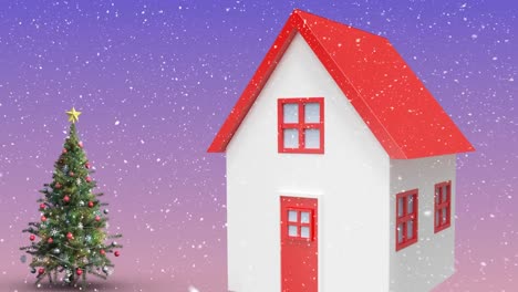 Animation-of-snow-falling-over-house-and-christmas-tree-icon-against-purple-gradient-background