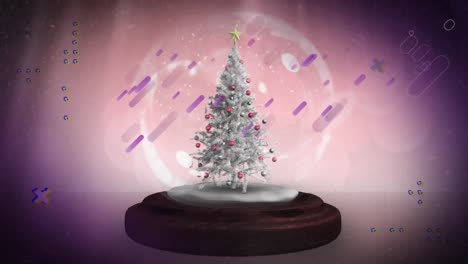Animation-of-purple-light-trails-and-shooting-star-over-christmas-tree-in-a-snow-globe