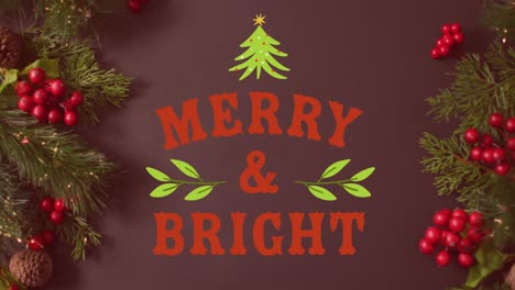Animation-of-merry-and-bright-text-banner-over-red-cherries-on-grey-surface