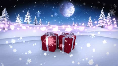 Animation-of-snowflakes-falling-over-fairy-lights-and-christmas-gift-boxes-on-winter-landscape