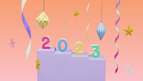 Animación-Del-Número-2023-Sobre-Año-Nuevo-Y-Adornos-Navideños-Sobre-Fondo-Rosa