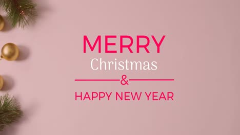 Animation-of-merry-christmas-and-happy-new-year-text-over-christmas-decorations-on-pink-surface