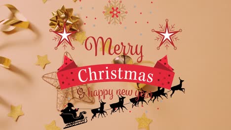 Animation-of-merry-christmas-and-happy-new-year-text-over-christmas-decorations-on-yellow-surface