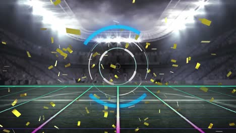 Animation-of-golden-confetti-falling-over-neon-round-scanner-against-sports-stadium