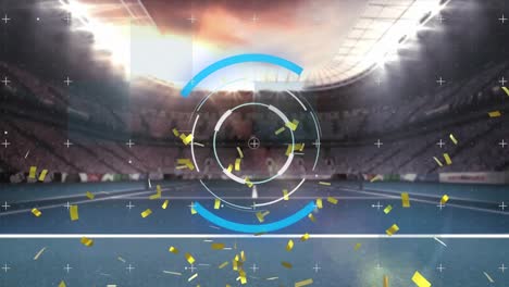 Animation-of-golden-confetti-falling-over-round-scanner-against-sports-stadium