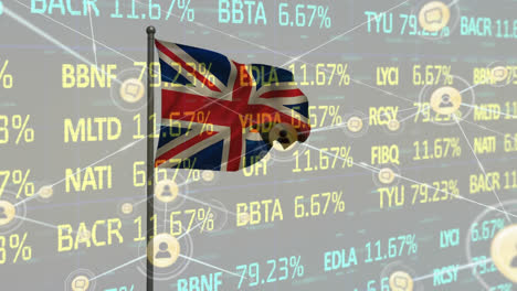 Animation-of-network-of-profile-icons-and-stock-market-data-processing-against-waving-uk-flag