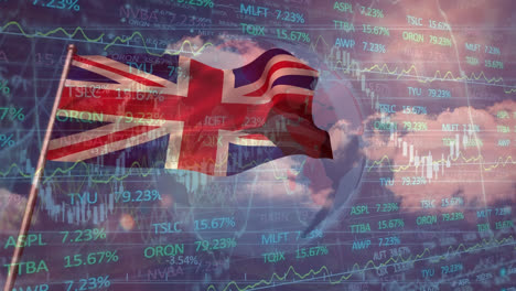 Animation-of-stock-market-data-processing-over-waving-uk-flag-against-globe-and-blue-sky