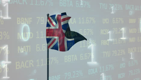 Animation-of-binary-coding-and-stock-market-data-processing-over-waving-uk-flag-on-grey-background