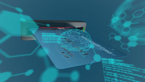 Animation-Der-Medizinischen-Datenverarbeitung-über-Eine-Geldautomatenkarte-Im-Geldautomatensteckplatz-Vor-Blauem-Hintergrund