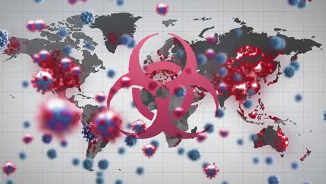 Animation-Von-Viruszellen-Und-Biogefährdungssymbol-über-Der-Weltkarte