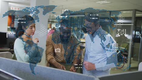 Animation-of-world-map-and-data-processing-over-diverse-colleagues-discussing-together-at-office