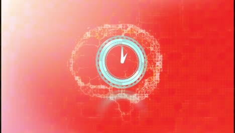 Animation-of-clock-moving-over-human-brain-spinning-on-red-background