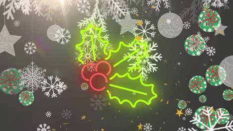 Animation-Von-Schneeflocken-Und-Kugeln-über-Neonfarbenem-Mistelzweig-Symbol-Vor-Grauem-Hintergrund