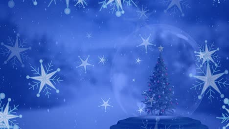 Animation-of-star-icons-floating-over-christmas-tree-in-a-snow-globe-against-winter-landscape