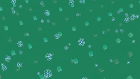 Animation-Von-Schneeflocken,-Die-über-3D-Strukturen-In-Nahtlosem-Muster-Vor-Grünem-Hintergrund-Fallen