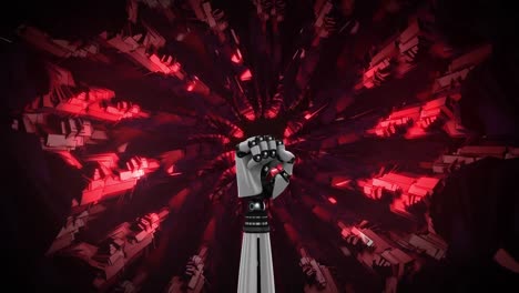 Animation-of-robot-arm-rotating-over-red-kaleidoscopic-shapes-on-black-background